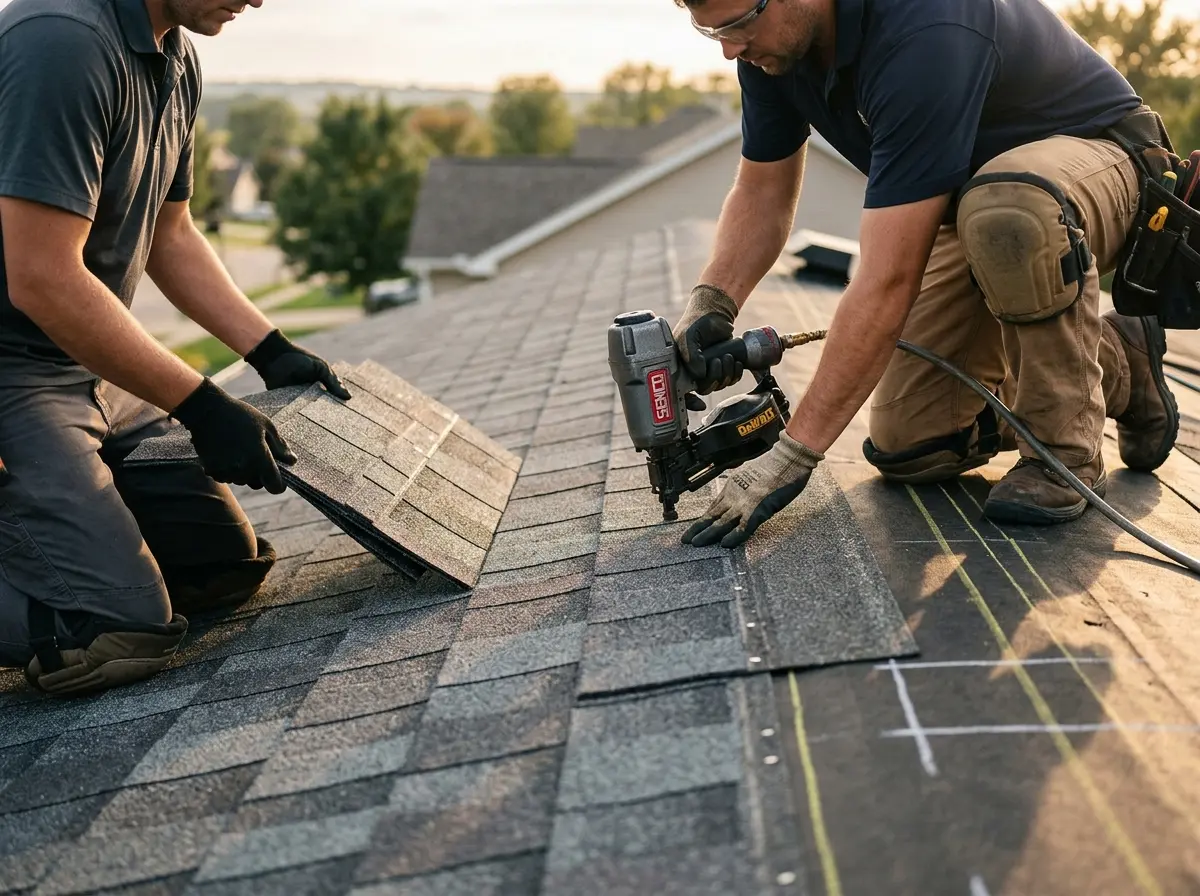 Professional roofer working on a residential roof in Warner Robins